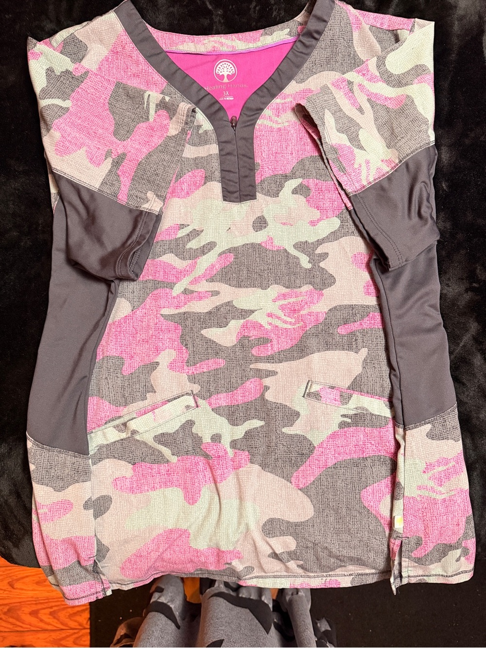 Healing Hands Pink & Gray Camo Zip-Neck Scrub Top